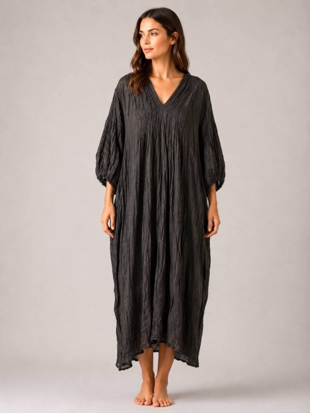 NEW Women’s Boho Crinkle Cotton Maxi Dress Black Lagenlook Oversized V-Neck